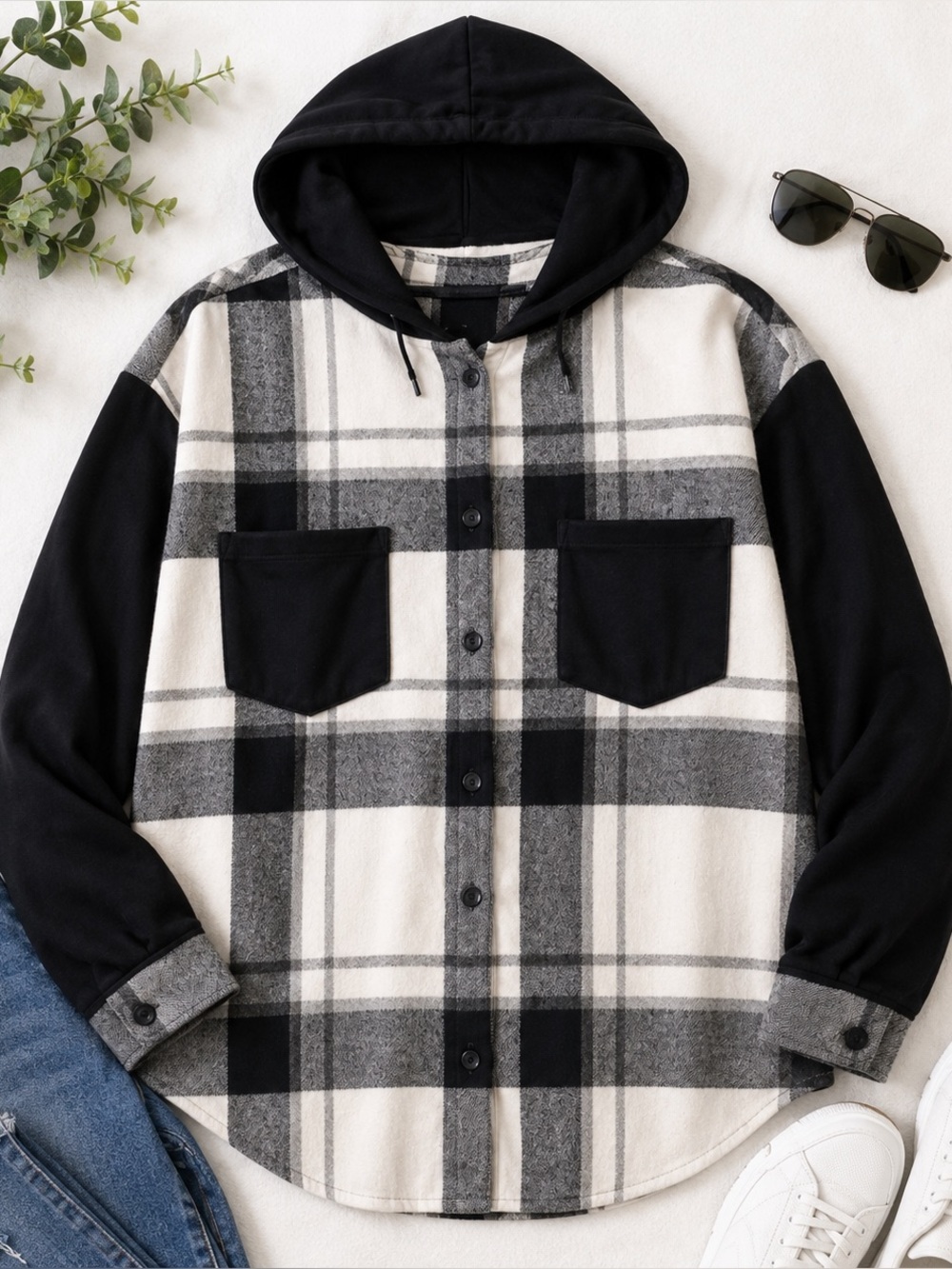 Women’s Hooded Plaid Shacket XXL Black White Gray Oversized Jacket